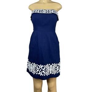 Vineyard Vines Medallion Embroidered Strapless Dress Navy Blue Nautical Size 6